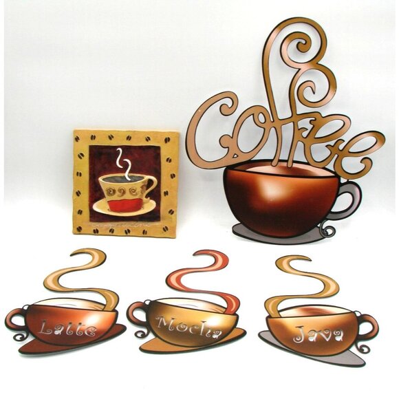 Lot 5 Coffee Bar Metal Wall Decor Latte Mocha Java Cups Mug Sign Plaque Ceramic - Picture 1 of 14